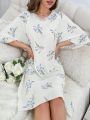 Floral Print Lace Trimmed Bell Sleeve Sleep Dress