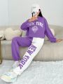Teen Girls' Knit Letter Pattern Hoodie And Color Block Sweatpants Set
