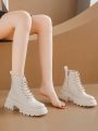 Women's Fashion Boots Plus Size Thick-soled Lace-up Trendy Boots New Korean Pu Leather Mid-calf Soft Bottom Comfortable Boots