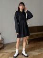 FRIFUL Women's Monochrome Drawstring Hooded Pleated Dress