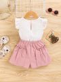 SHEIN Baby Girls' Casual Flying Sleeve Top With 3d Flower Applique & Elastic Waist Shorts Set