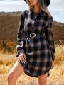 SHEIN LUNE Plaid Buttoned Casual Long Sleeve Dress