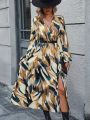 SHEIN LUNE All-Over Printed Lantern Sleeves And High Slit Dress