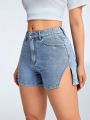 Water Washed Denim Shorts With Side Slit Detail