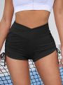 Yoga Basic Solid Drawstring Ruched Breathable Sports Shorts