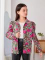 SHEIN Kids Y2Kool Tween Girl's Athletic Sweet & Cool Leopard & Floral Print Knitted Sheep Leg Long Sleeve Shirt