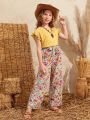 SHEIN Kids SUNSHNE Tween Girls' Short Sleeve Round Neck T-Shirt And Floral Wide Leg Pants Casual Two-Piece Set