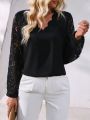 Women's Hollow Out Lace Splicing Shell Edge Collar Shirt