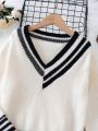 Tween Girl Striped Trim Drop Shoulder Cricket Sweater