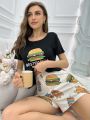 Women's Cute Cartoon Hamburger Print Pajama Set