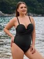 SHEIN Swim Basics Women'S Plus Size Solid Color Cross Back One Piece Cami Swimsuit