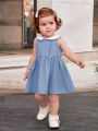 SHEIN Baby Girls' Casual Doll Collar Color Block Elastic Waist Pleated Dress