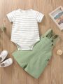 Baby Girl Striped Tee Bodysuit With Overall Romper