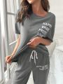 Slogan Graphic Tee & Drawstring Waist Pants Lounge Set