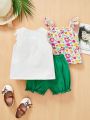 SHEIN 3pcs Baby Girl'S Casual Cute Flower Patterned Ruffle Hem Sleeveless Top And Shorts Set