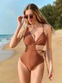 SHEIN Swim BAE Women's Solid Color Hollow Out One Piece Swimsuit For The Waist