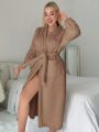 Women's Plush Robe With Heart Embroidery And Waist Belt