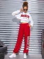 SHEIN Teen Girl Letter Graphic Drop Shoulder Hoodie & Sweatpants