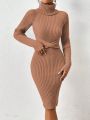 SHEIN Privé Turtleneck Raglan Sleeve Twist Front Ribbed Knit Bodycon Sweater Dress