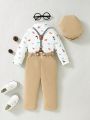 SHEIN 3pcs/set Baby Boys' Casual & Elegant & Vintage Dinosaur Pattern Printed Gentleman Outfit, Suitable For Going Out