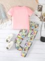 SHEIN Kids HYPEME Girls' Street Style Bowknot Printed Short Sleeve T-Shirt And Graffiti Cartoon All-Over Printed Pants Two-Piece Set For Summer