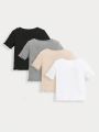 SHEIN Baby Girls' 4pcs Casual Solid Knit Short Sleeve Top Set