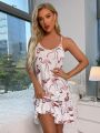 Flamingo Print Lace Trim Ruffle Hem Cami Nightdress