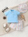 SHEIN Baby Boy T-Shirt, Shorts And Fisherman Hat Outfit, Stylish And Comfortable For Casual Outdoor Activities In Spring And Summer