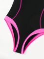 Teen Girls' Contrast Color Letter Printed One-Piece Swimsuit With Back Zipper, Summer Beach & Swimwear