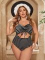 SHEIN Swim Vcay Plus Size Striped Hollow Cutout One-Piece Swimsuit With Drawstring