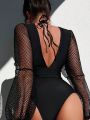 SHEIN Swim Chicsea Women'S Sheer Mesh Backless One-Piece Swimsuit With Lace-Up Detail