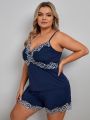 Women's Dark Blue V-neck Camisole Plus Size Pajama Set