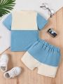 Baby Boy 2pcs/Set Spring/Summer Blue Patchwork Shorts And Short-Sleeved Sport Casual Outfit