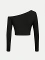 SHEIN ICON Asymmetric Shoulder Long Sleeve T-shirt