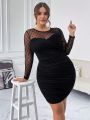 SHEIN Privé Plus Size Mesh Patchwork Pleated Bodycon Dress For Women