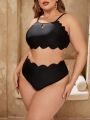 SHEIN Swim Vcay Plus Size Solid Color Hollowed Out Swimsuit With Scallop Edge