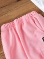 SHEIN Kids EVRYDAY Young Girl Letter Patched Flap Pocket Side Sweatpants