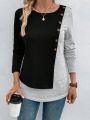 Color Block Button Decorated 2 in 1 T-shirt