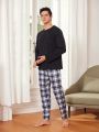 Men's Solid Color Top & Plaid Pattern Long Pants Homewear Set