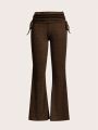 SHEIN Qutie Knitted Solid Color Drawstring Side Flare Pants