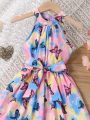 SHEIN Kids HYPEME Toddler Girls Tie Dye Butterfly Print Belted Halter Dress