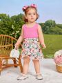 SHEIN Baby Girls' Casual Knitted Vest Top And Floral Print Lotus Leaf Hem Skirt Set