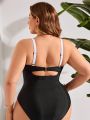 SHEIN Swim Chicsea Plus Size Color Block Edging & Hollow Out Back One-Piece Swimsuit