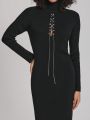 pypercollection Chain Lace Up Front High Neck Bodycon Sweater Dress