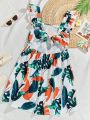 SHEIN VCAY Women'S Plus Size Tropical Print Sleeveless Summer Dress With Ruffle Armhole Detail