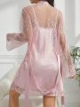 Women'S Lace Long Sleeve Robe And Cami Slip Nightgown Pajama Set