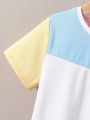 SHEIN Kids EVRYDAY Boys' Casual Round Neck Color Block Short Sleeve T-Shirt And Shorts 2pcs/Set