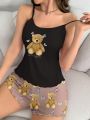 Ladies Cartoon Bear Print Cami Pajamas Set