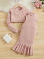 SHEIN Young Girl Cable Knit Sweater & Ruffle Hem Sweater Dress