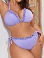 SHEIN Swim Mod Plus Size Ruffled Edge Decor Knotted Side Bikini Set